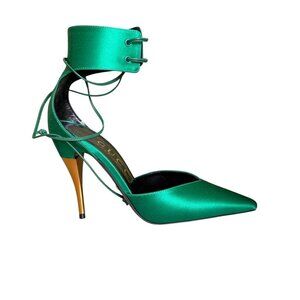 GUCCI Priscilla Emerald Green Satin Strap Stiletto Heel 36+, US 6.5, 752966